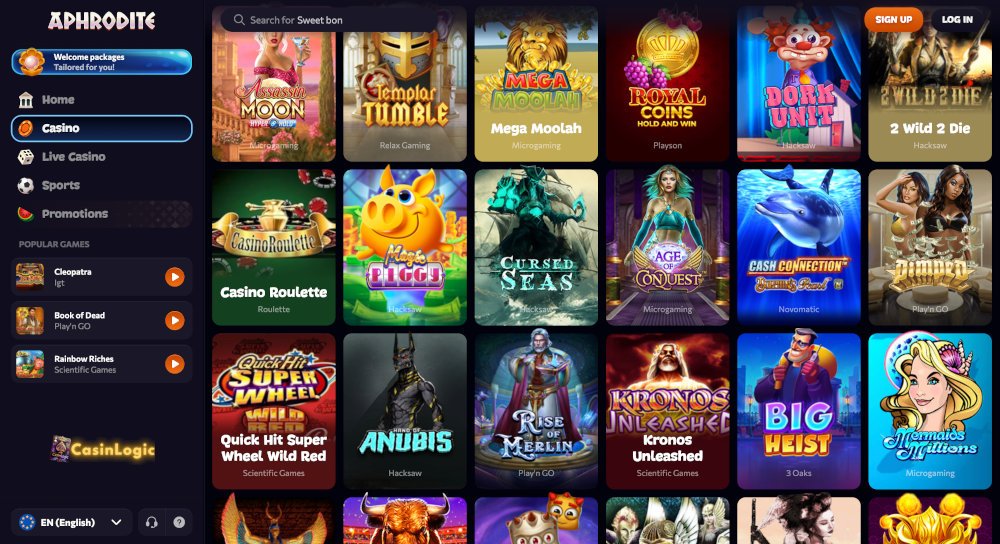 Aphrodite Casino games including slots and live casino tables