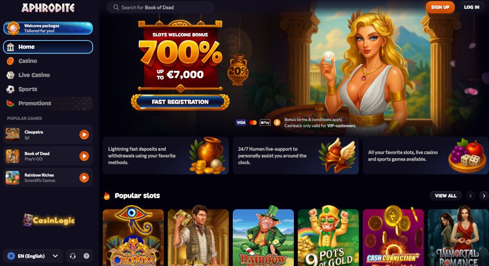 Aphrodite Casino homepage showing interface and navigation layout