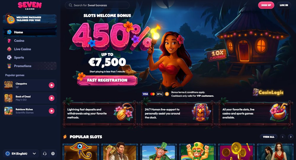Seven 7 Casino homepage showing interface and navigation