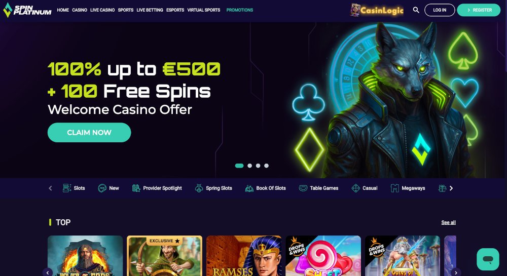 SpinPlatinum Casino homepage showing interface and game navigation desktop