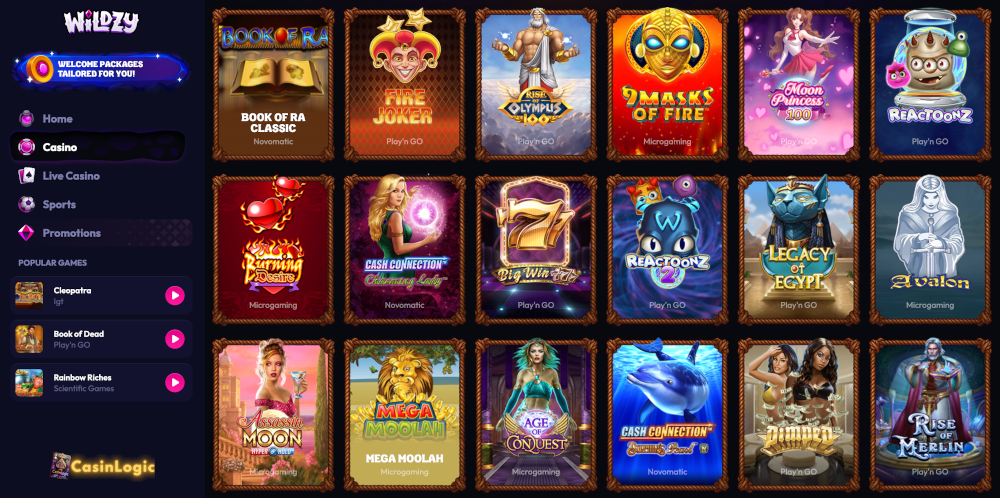 wildzy casino games selection