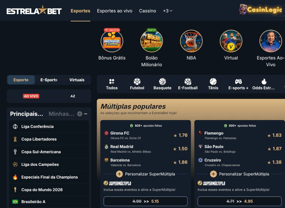 Mercados de apostas esportivas da EstrelaBet com futebol, NBA, eSports e apostas ao vivo.