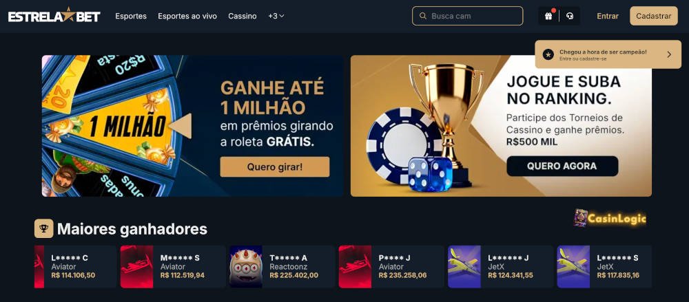 Interface da plataforma EstrelaBet com apostas esportivas, cassino online e menu de navegação.
