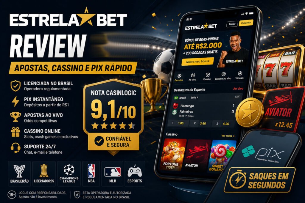 Banner do review da EstrelaBet mostrando apostas esportivas, cassino online, PIX instantâneo, aplicativo móvel e nota da análise CasinLogic.