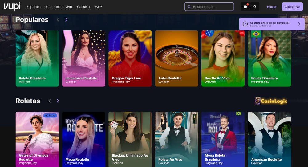 Cassino ao vivo da VUPI Bet com roleta brasileira